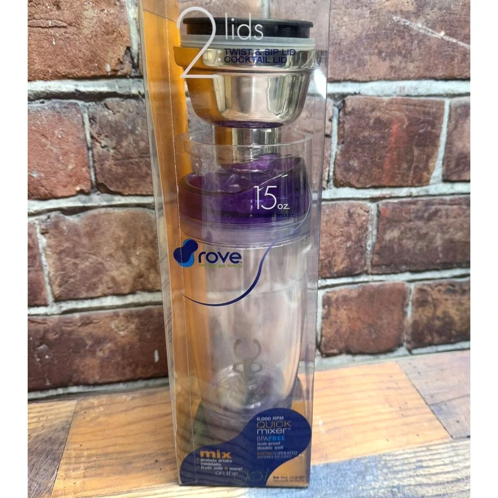 Rove On The Go Living 15 oz Travel Mixer 2 Lids Smoothies Protein Shakes Fitness